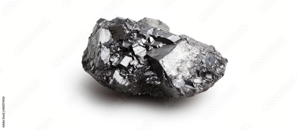 Fototapeta premium Macro shoot of piece of nickel metal ore isolated on a white background. Closeup photo of amazing shiny mineral rough. Copy space image. Place for adding text or design