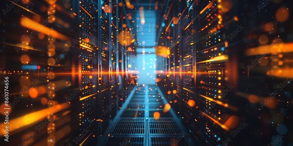 Fototapeta premium wallpaper of a data center room, hall of data server, technology, digital, light, business, data, design, computer, illustration, internet, futuristic, 2:1