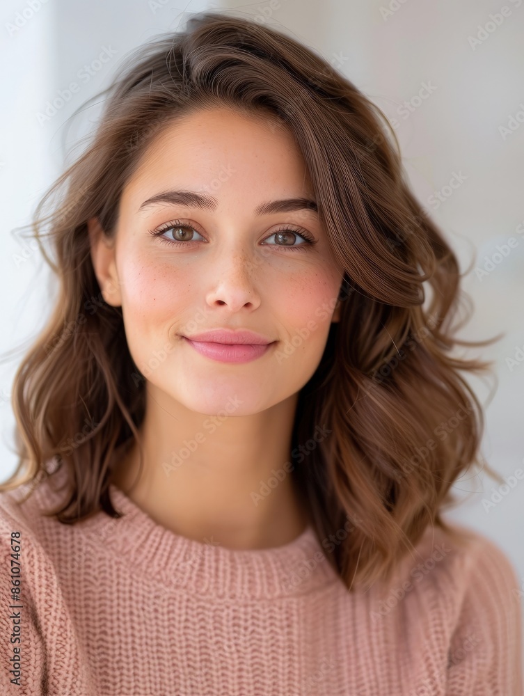 Young Woman in Pink Sweater with Gold Mesh Headband Young Woman in Pink Sweater with Gold Mesh Headband