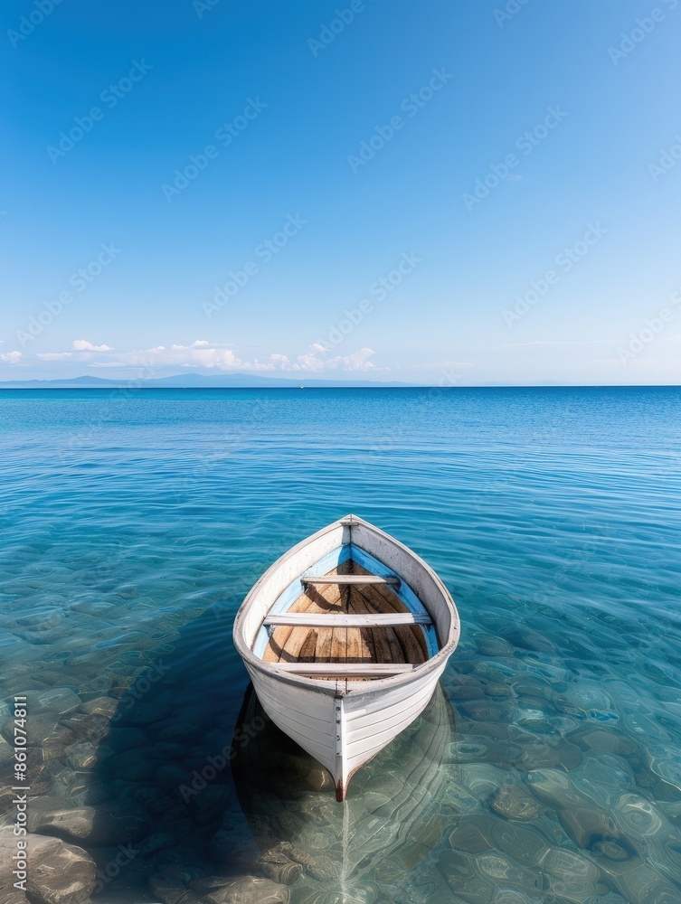 Serene Boat Journey on Calm Waters with Sandy Beach View Serene Boat Journey on Calm Waters with Sandy Beach View