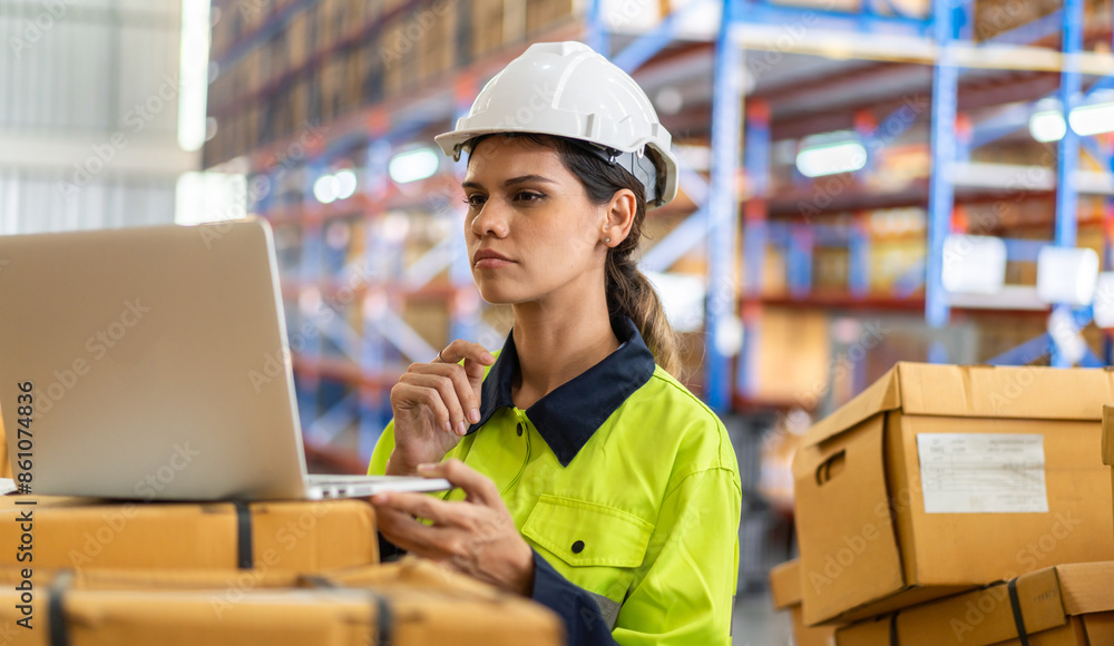 Portrait engineer woman shipping order detail check goods and supplies on shelves with goods background inventory in factory warehouse.logistic industry and business export Portrait engineer woman shipping order detail check goods and supplies on shelves with goods background inventory in factory warehouse.logistic industry and business export