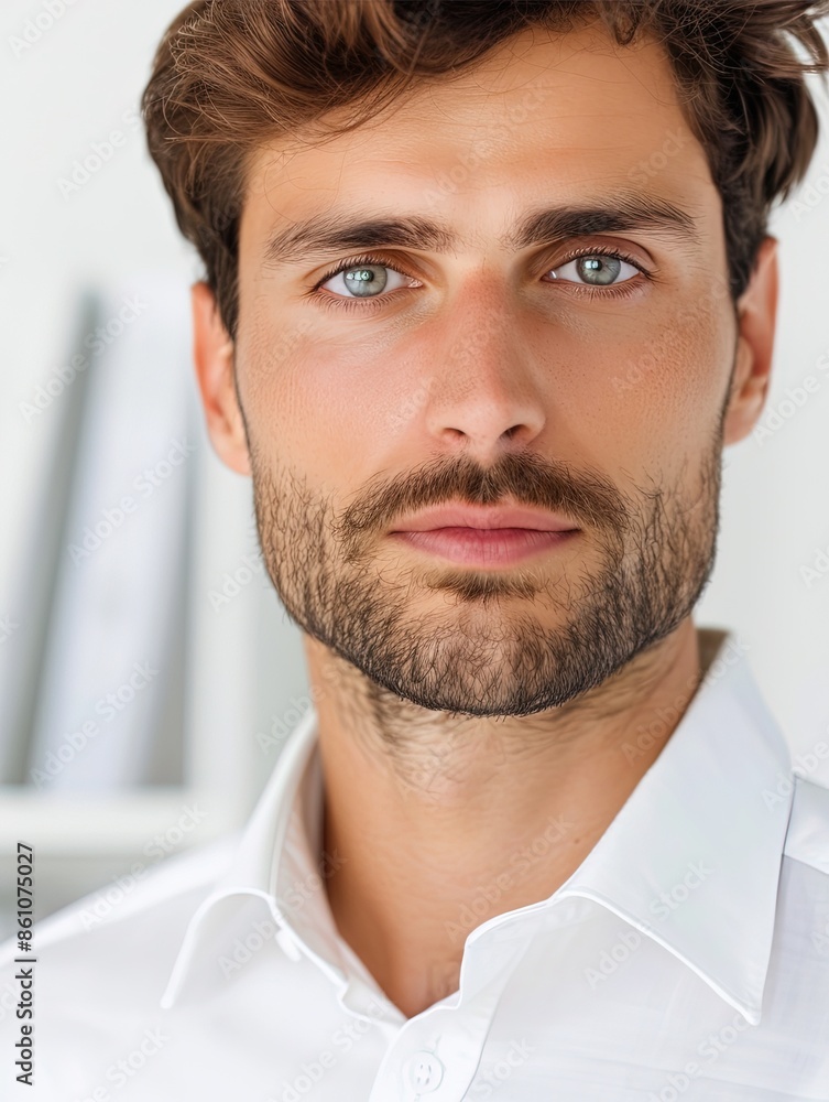 Obraz premium Man with Striking Blue Eyes and Well-Groomed Beard in Professional Setting