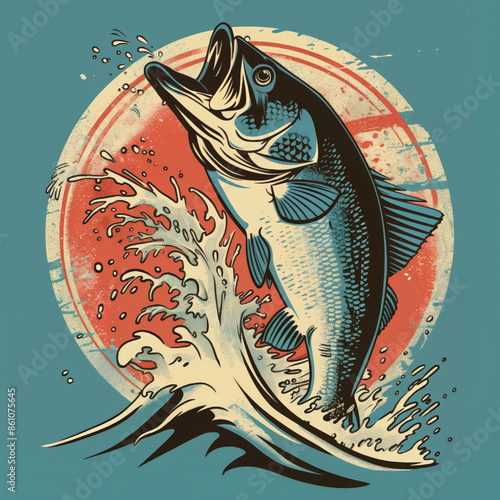 Illustration of a fish is jumping out of the water, with a splash of water behind it. T-shirt print design. The fish is surrounded by a circle, and the background is a mix of blue and red