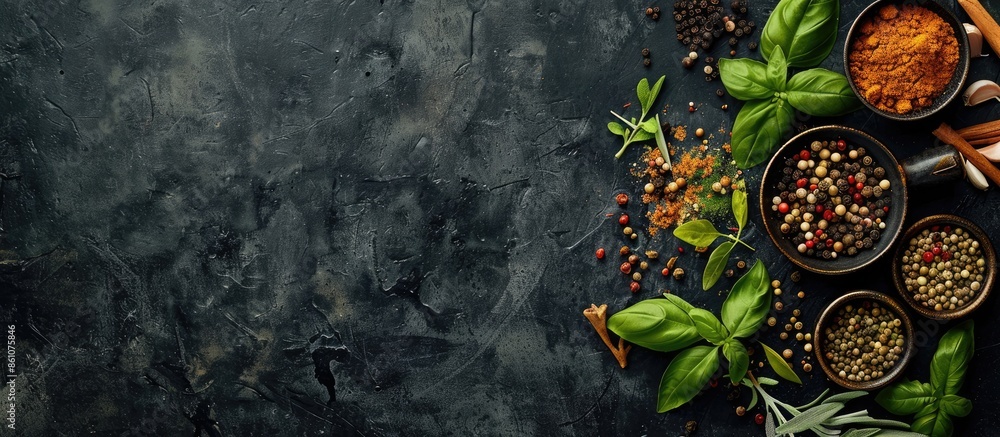 Various herbs and spices on dark background. with copy space image. Place for adding text or design Various herbs and spices on dark background. with copy space image. Place for adding text or design