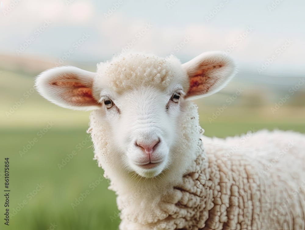 Serene Pastoral Scene Featuring a Curious White Sheep with Pink Ears Serene Pastoral Scene Featuring a Curious White Sheep with Pink Ears