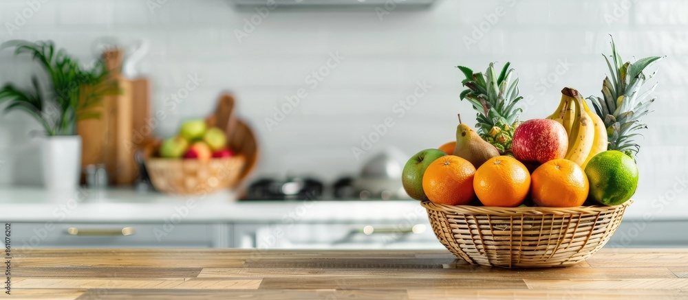 Basket with fresh fruits on wooden table in kitchen. with copy space image. Place for adding text or design Basket with fresh fruits on wooden table in kitchen. with copy space image. Place for adding text or design