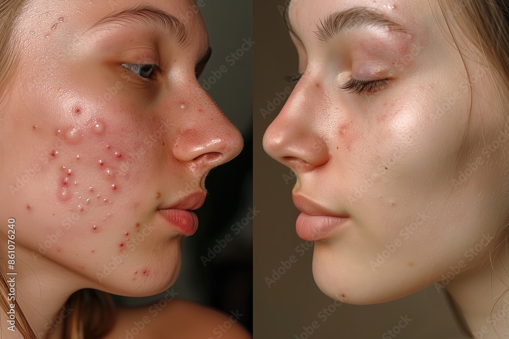 Obraz premium Closeup of a woman's face before and after using a cream for skincare. Skin treatment. No makeup. Allergy. Young girl's face skin with blemishes. Eczema. Skin care. Progress. Rash. Pimples on cheeks