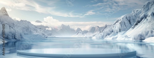 Wallpaper Mural 3D Rendered Ice Podium with Winter Landscape, Snowy Mountains, and Frozen Lake for Panoramic Product Displays and Copy Space. Torontodigital.ca
