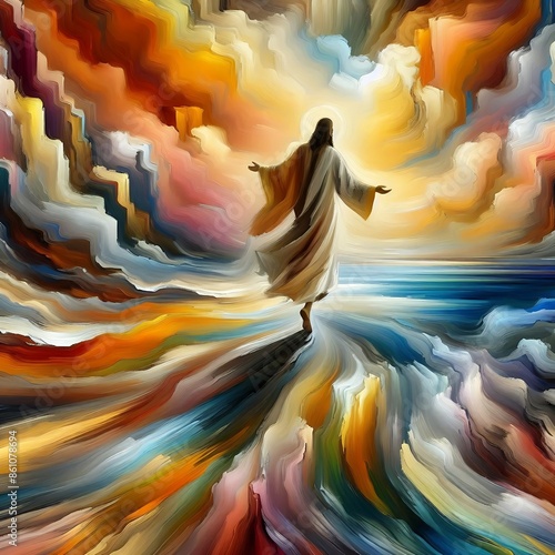 Abstract Oil Painting of Jesus Walk On the Water. Bliblical illustration.