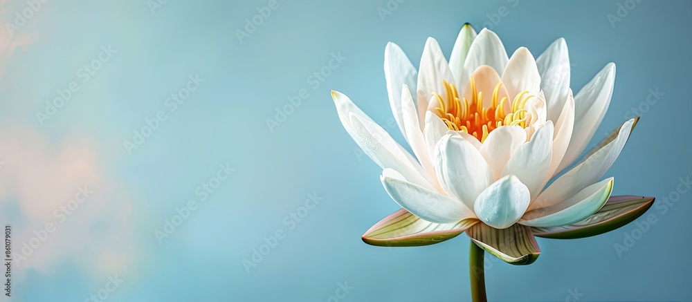 Close up blooming white water lily flower Isolated on pastel background. with copy space image. Place for adding text or design Close up blooming white water lily flower Isolated on pastel background. with copy space image. Place for adding text or design