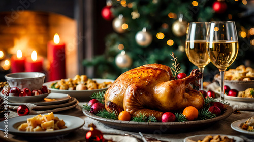 Christmas meal served on the table, Baked turkey with salads cakes and bread on the side with christmas decoration background