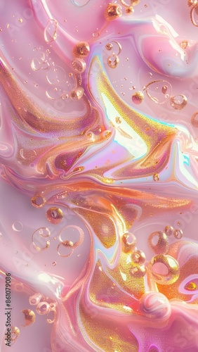 abstract closeup background of a glittery iridescent liquid with golden accents shining in the light