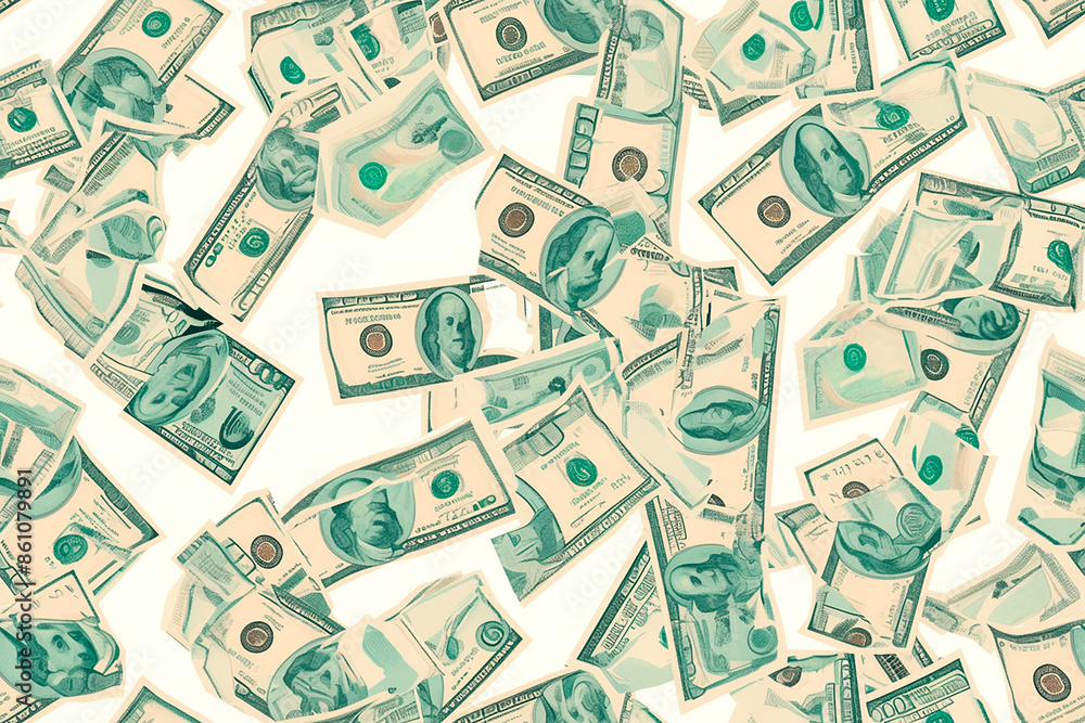 Obraz premium A seamless pattern of scattered US dollar bills in various denominations.