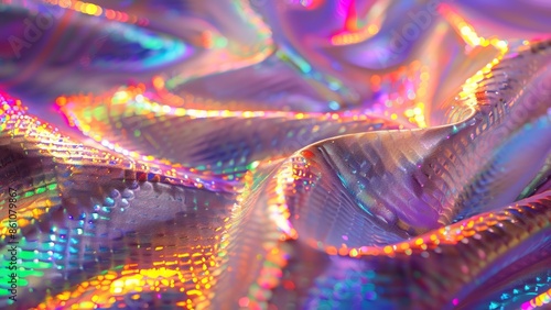 closeup of a birght iridescent fabric texture in vivid rainbow colors glowing in the light photo