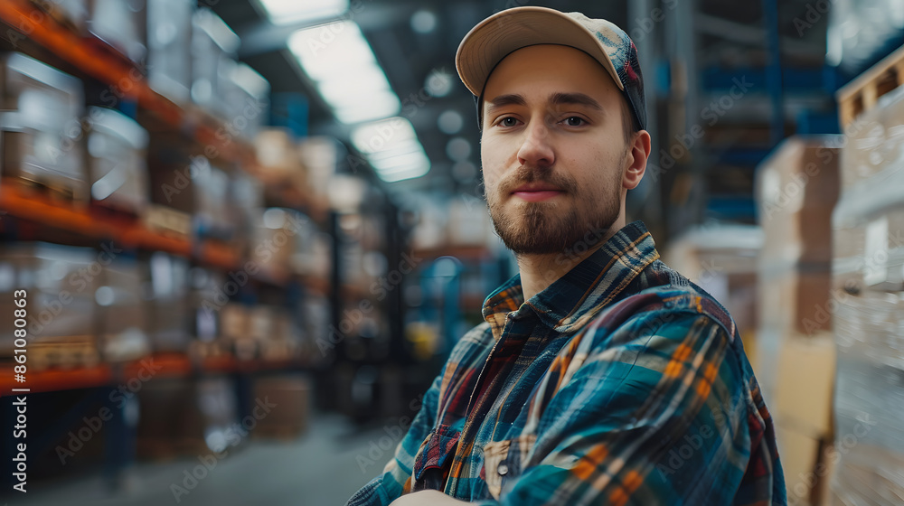 Portrait of warehouse sminling worker standing by forklift. Warehouse worker preparing products for shipmennt, delivery, checking stock in warehouse. Banner with copy space Portrait of warehouse sminling worker standing by forklift. Warehouse worker preparing products for shipmennt, delivery, checking stock in warehouse. Banner with copy space