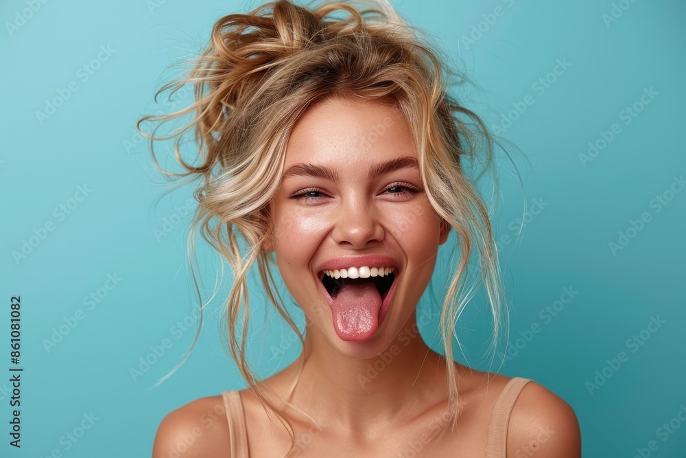 funny blond woman sticking out her tongue. ai generative funny blond woman sticking out her tongue. ai generative