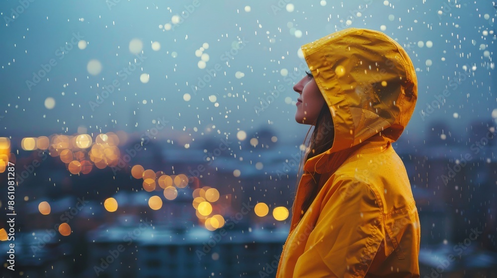 Content woman in stylish rain gear admiring the rain-soaked cityscape, fully enjoying the autumnal atmosphere Content woman in stylish rain gear admiring the rain-soaked cityscape, fully enjoying the autumnal atmosphere