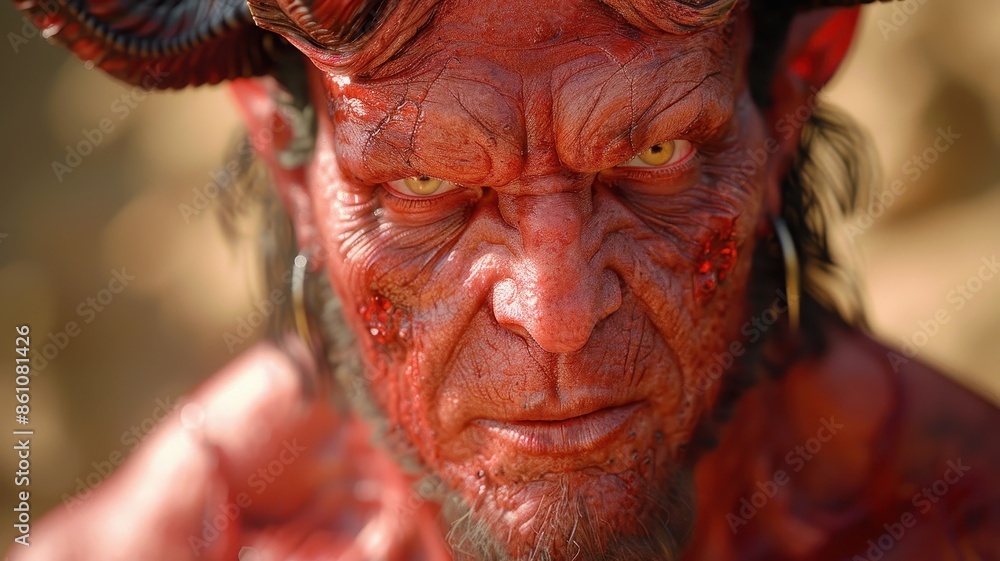 Close-up portrait of a menacing demon with red skin, horns, and glowing eyes, showcasing intense and powerful character visualization. Close-up portrait of a menacing demon with red skin, horns, and glowing eyes, showcasing intense and powerful character visualization.