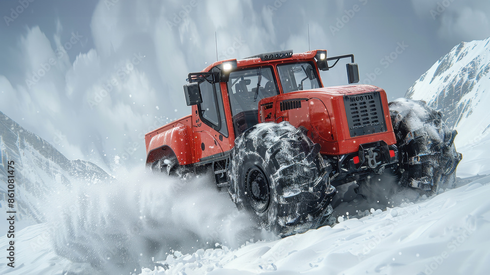Powerful red tractor plowing through heavy snow in a mountainous landscape, showcasing rugged winter machinery and challenging terrain. Powerful red tractor plowing through heavy snow in a mountainous landscape, showcasing rugged winter machinery and challenging terrain.