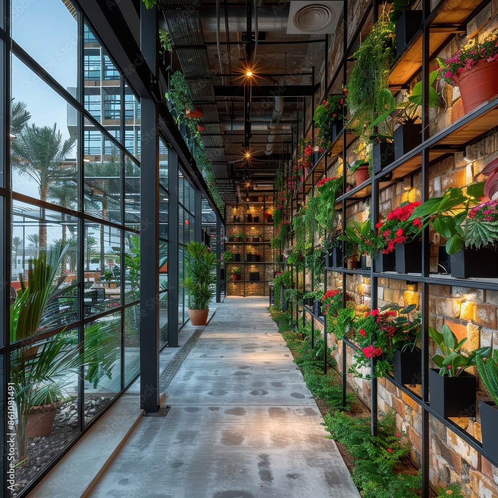 Modern indoor garden walkway with glass walls, showcasing vibrant potted plants and lush greenery in a stylish, contemporary space. Modern indoor garden walkway with glass walls, showcasing vibrant potted plants and lush greenery in a stylish, contemporary space.