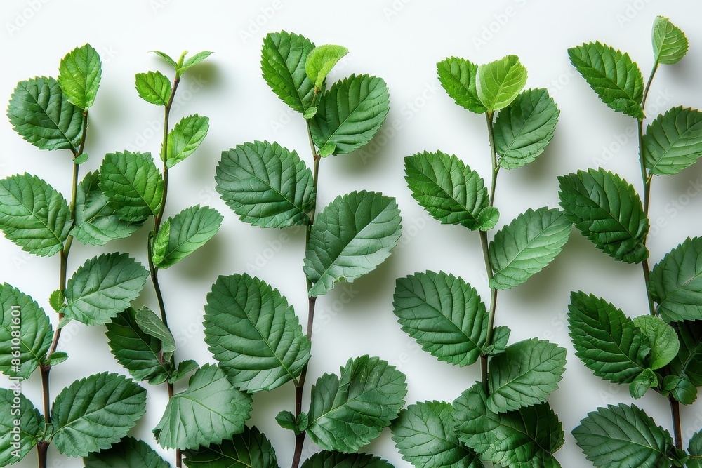 Fresh green mint leaves arranged in a row on a white background, perfect for culinary, medicinal, or gardening themes. Fresh green mint leaves arranged in a row on a white background, perfect for culinary, medicinal, or gardening themes.