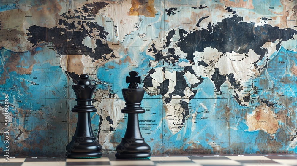 Two chess pieces on a world map, symbolizing global competition and strategy in business or politics. A black king faces a white queen over an old vintage retro background of country maps for travel o Two chess pieces on a world map, symbolizing global competition and strategy in business or politics. A black king faces a white queen over an old vintage retro background of country maps for travel o