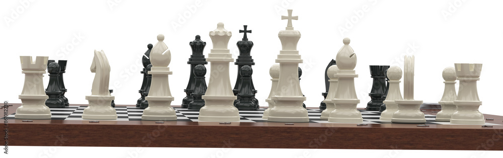 Chess pieces on the board in the starting position. Isolated. Transparent background. 3D Rendering. Chess pieces on the board in the starting position. Isolated. Transparent background. 3D Rendering.