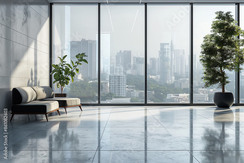 Modern minimalist interior with large windows overlooking a cityscape  featuring sleek furniture and plants