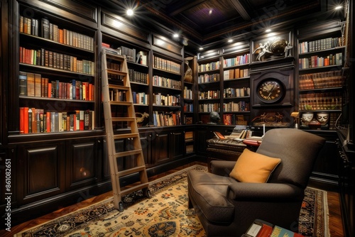 Warm, inviting vintage library with shelves of books, a comfy armchair, and a ladder for high shelves. AIG59