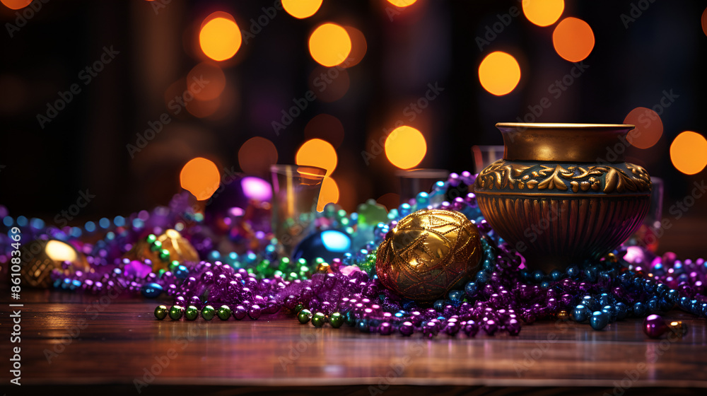 Festive Mardi Gras Beads and Gold Vase on a Table Festive Mardi Gras Beads and Gold Vase on a Table
