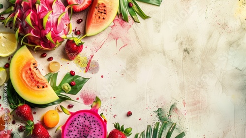 A vibrant mix of tropical fruits with splashes of color on a white background. Perfect for summer, health, and food-related projects.