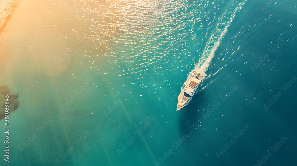 Obraz premium Aerial view of the speed boat in clear blue water at sunset in summer Top view from drone of fast floating yacht in mediterranean sea Travel in Oludeniz Turkey Tropical landscape with : Generative AI