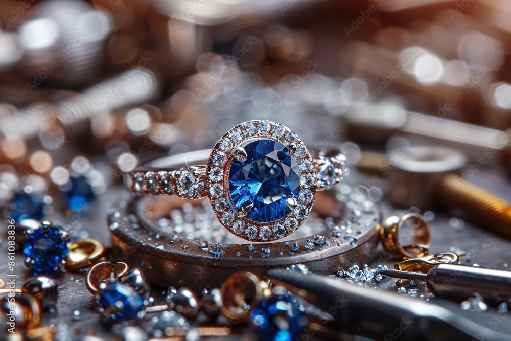 Master jeweler crafts sapphire diamond ring in workshop. Master jeweler crafts sapphire diamond ring in workshop.