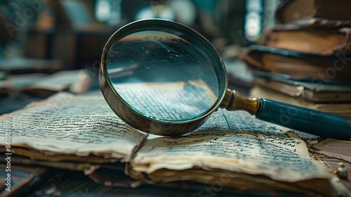 Magnifying glass focused on papers, evoking curiosity and exploration