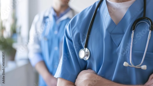 Close-up of a doctor in blue scrubs with a stethoscope, standing in a hospital hallway with another doctor in the background.