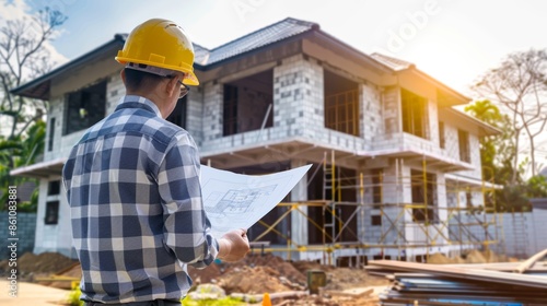 Construction worker in a yellow hard hat inspects blueprints in front of a new home under construction.