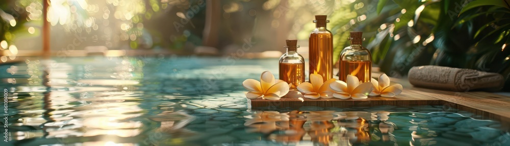 Relaxing spa setting with essential oil bottles by a pristine pool, surrounded by lush greenery and soft natural light. Relaxing spa setting with essential oil bottles by a pristine pool, surrounded by lush greenery and soft natural light.
