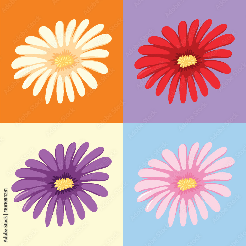 Four vibrant flowers in a grid pattern Four vibrant flowers in a grid pattern