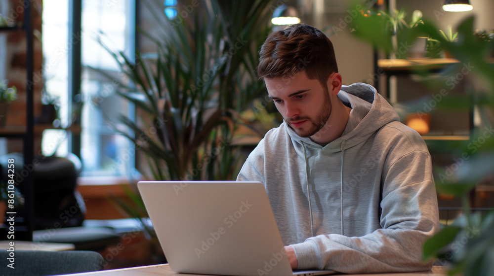 Tech Entrepreneur Working on Laptop in Cozy Workspace Tech Entrepreneur Working on Laptop in Cozy Workspace
