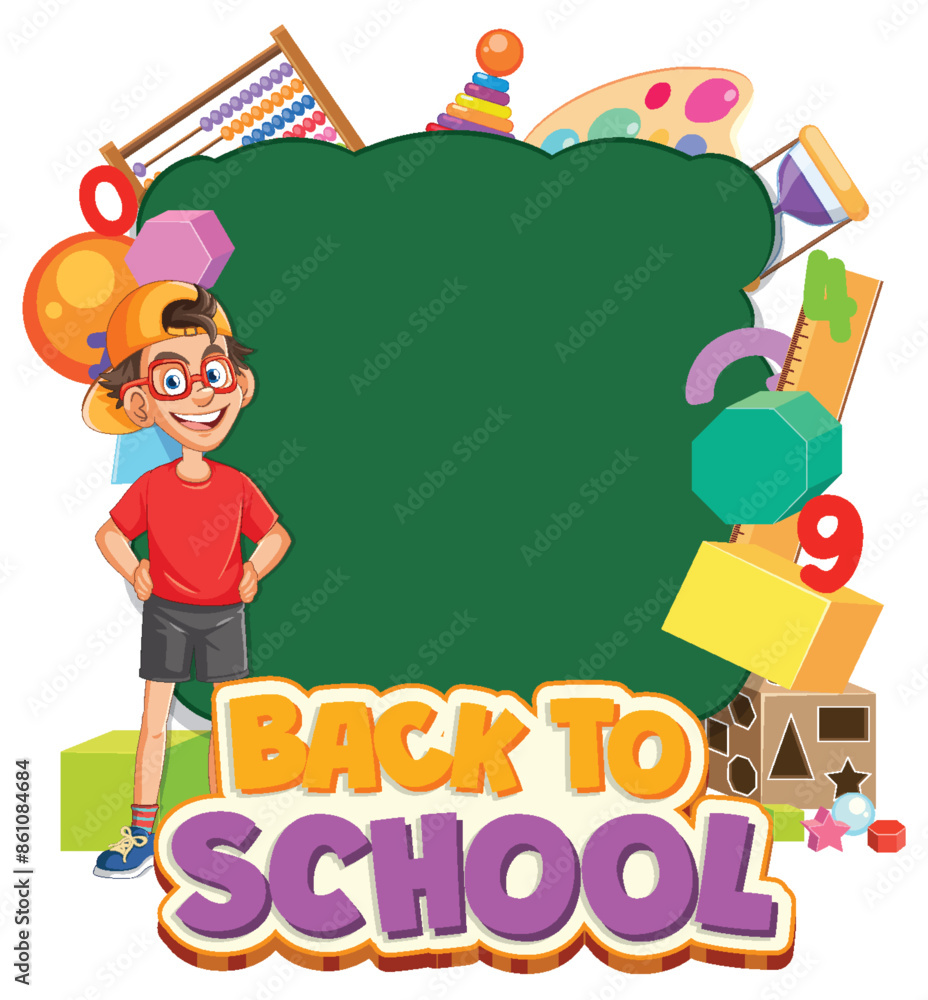 Fototapeta premium Colorful illustration of school supplies and a happy student
