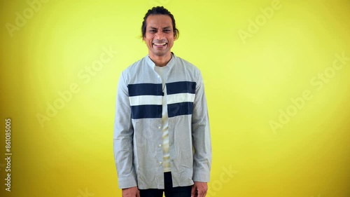 Laughing man standing giggle expression