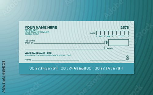 Blank bank check. Checkbook cheque template. Checkbook cheque template with blue theme. Money payment voucher or pay cash cheque certificate.