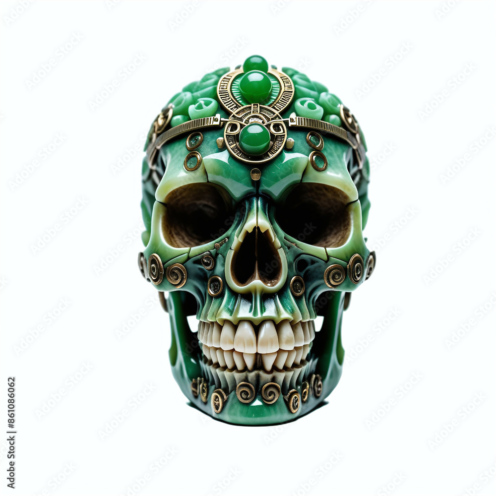 Skull made of jade. Isolated on white background. Front view, Digital illustration. Skull made of jade. Isolated on white background. Front view, Digital illustration.