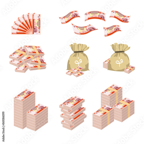 Afghan Afghani Vector Illustration. Huge packs of Afghanistan money set bundle banknotes. Bundle with cash bills. Deposit, wealth, accumulation and inheritance. Falling money 1000 AFN. photo