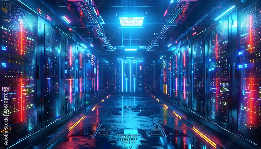 3D banner of a data center server room with telecom equipment. 3D banner of a data center server room with telecom equipment.