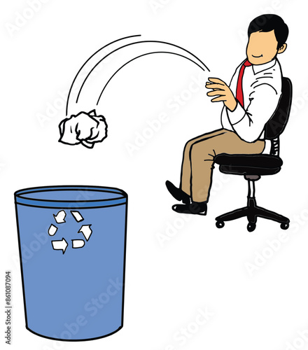 Office man throws paper into trash can