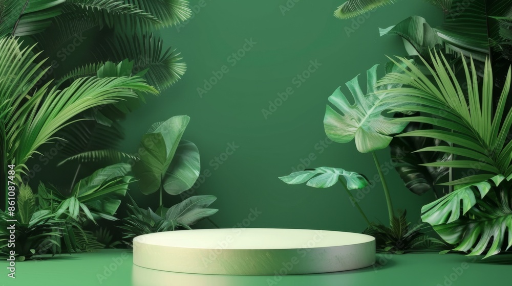 Elegant 3D Render Podium with Lush Tropical Leaves Background, Green Platform Perfect for Product Presentation, Display, and Showcase in a Natural Environment Elegant 3D Render Podium with Lush Tropical Leaves Background, Green Platform Perfect for Product Presentation, Display, and Showcase in a Natural Environment