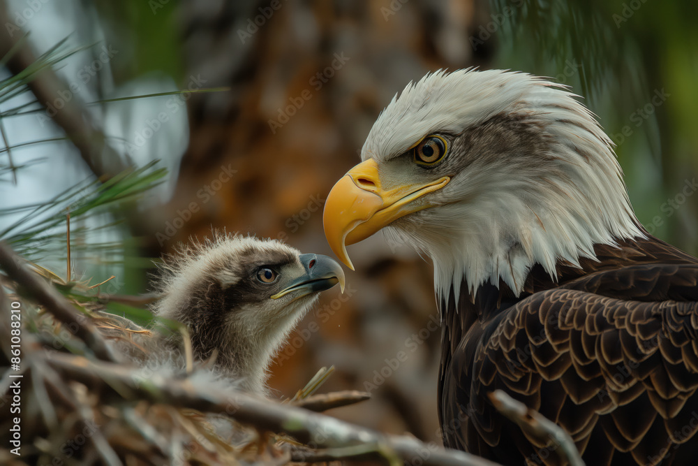 Bald eagle protecting eaglet in nest Bald eagle protecting eaglet in nest