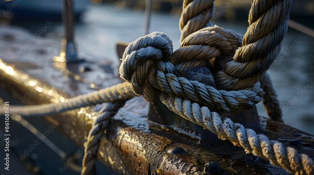 Mooring rope with a knotted end tied around a cleat : Generative AI Mooring rope with a knotted end tied around a cleat : Generative AI