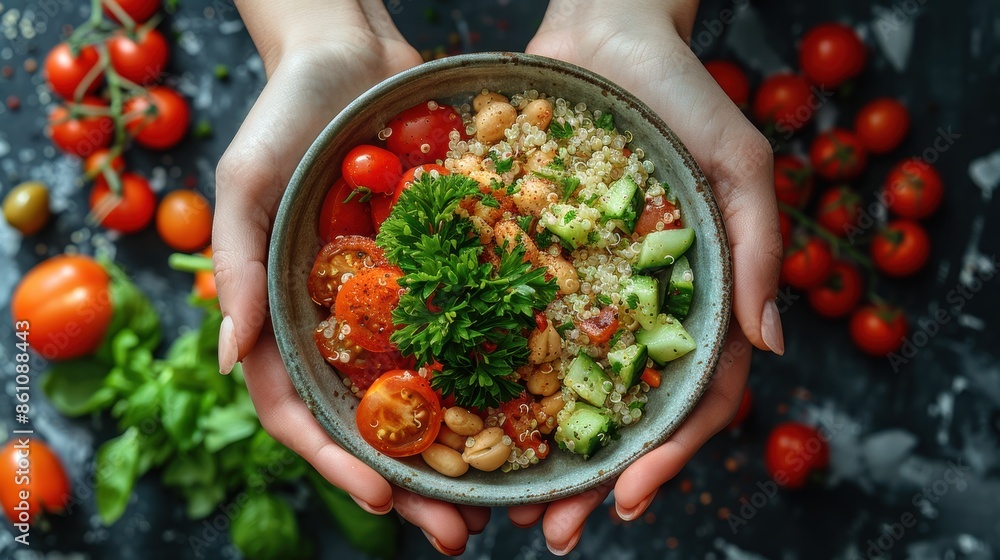 Hands holding a bowl of fresh salad with tomatoes, cucumbers, beans, and parsley, surrounded by ingredients on a dark surface. Hands holding a bowl of fresh salad with tomatoes, cucumbers, beans, and parsley, surrounded by ingredients on a dark surface.